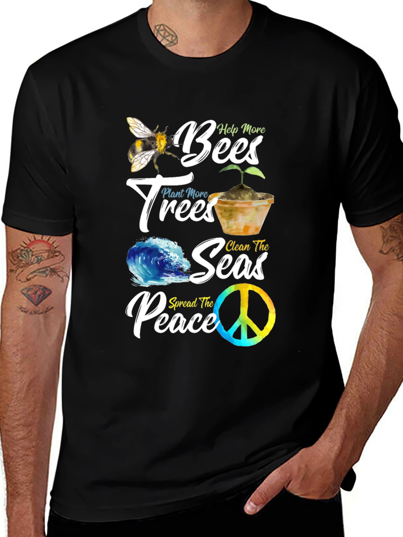 Eco-Friendly Graphic Tee: Bees Trees Seas Peace