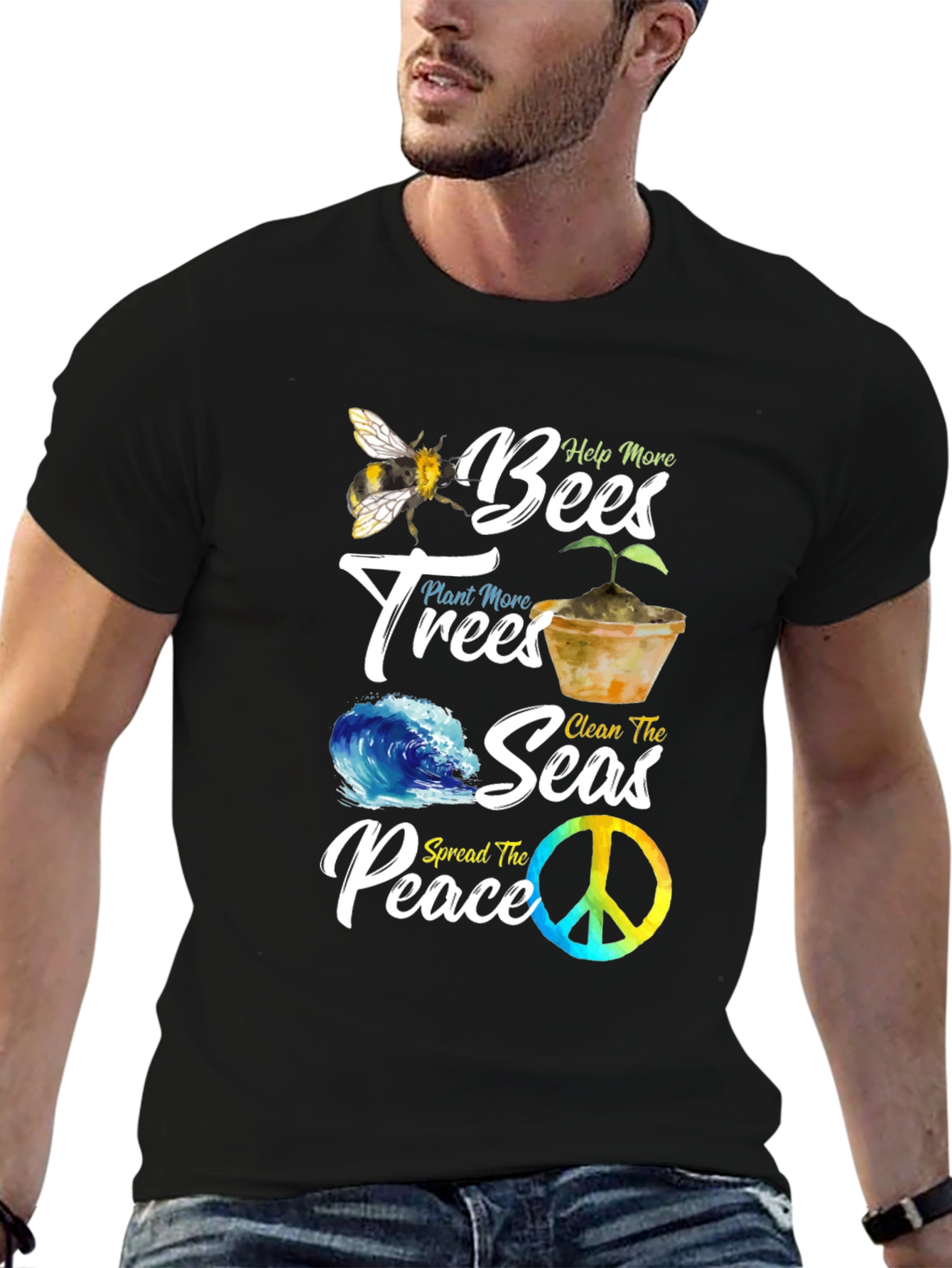 Eco-Friendly Graphic Tee: Bees Trees Seas Peace