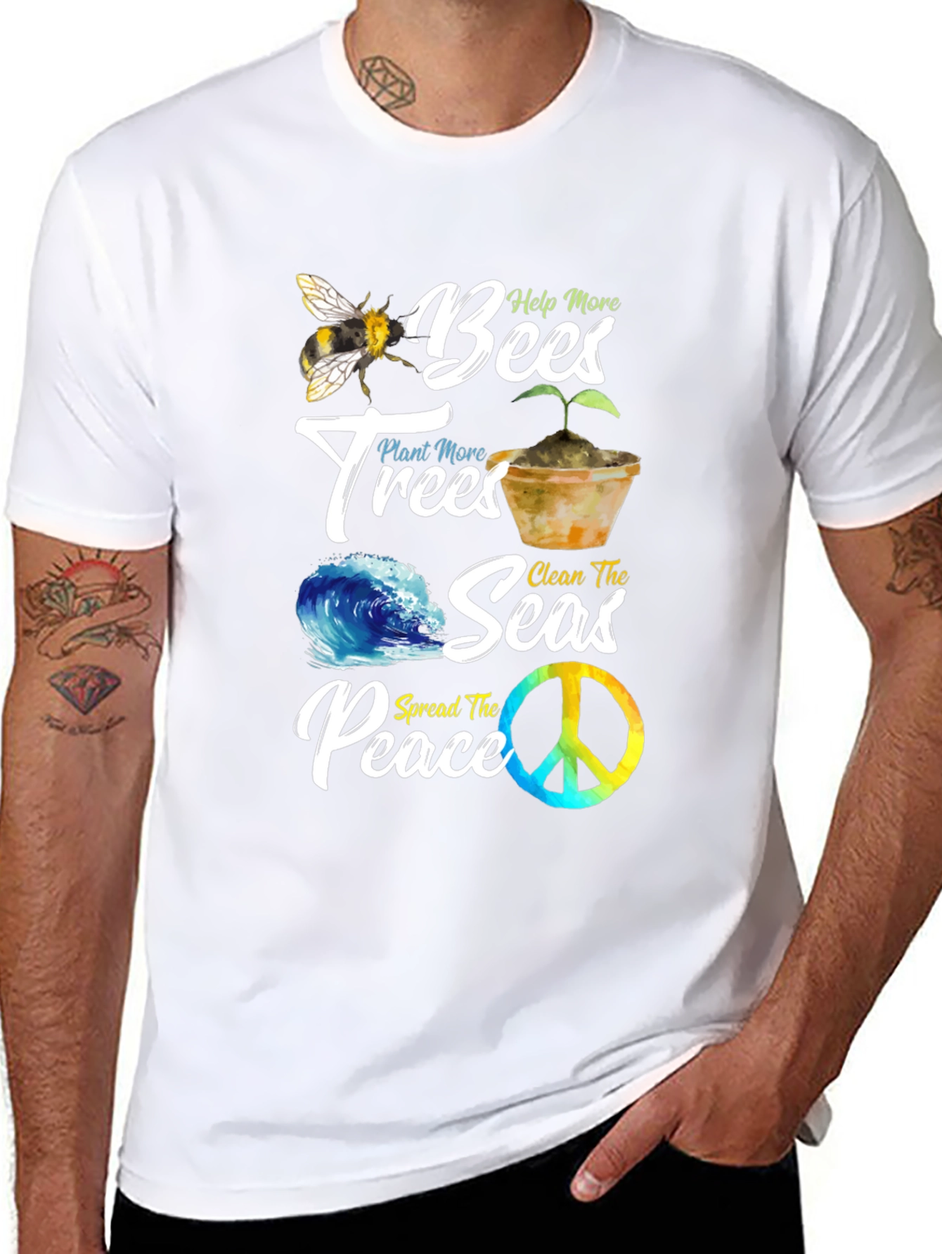 Eco-Friendly Graphic Tee: Bees Trees Seas Peace