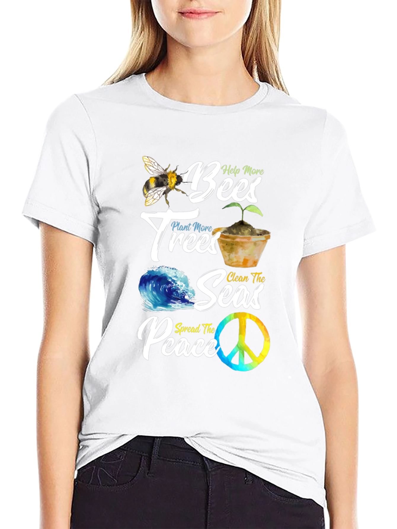 Eco-Friendly Graphic Tee: Bees Trees Seas Peace