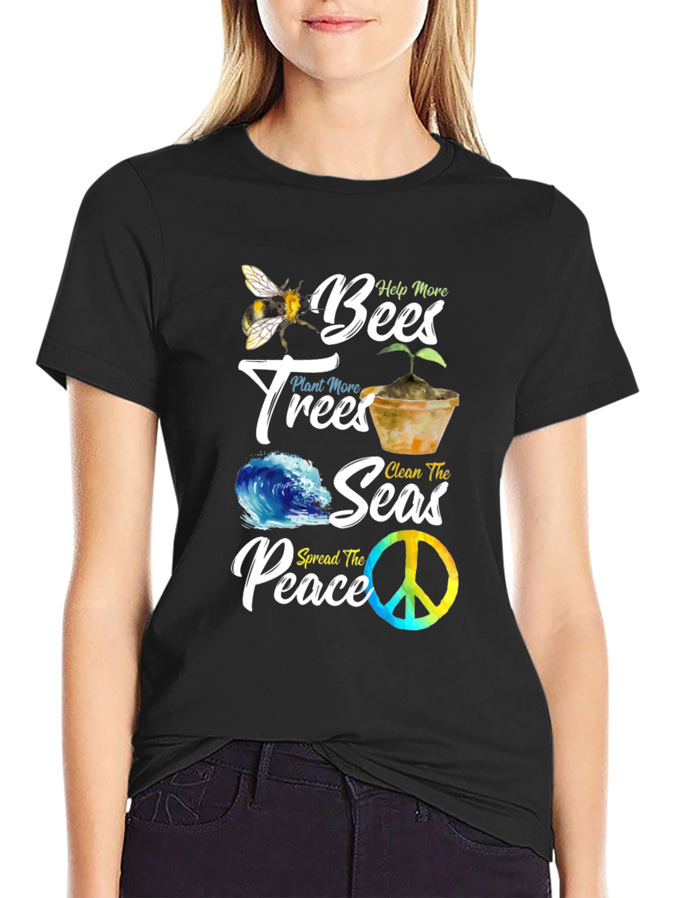 Eco-Friendly Graphic Tee: Bees Trees Seas Peace