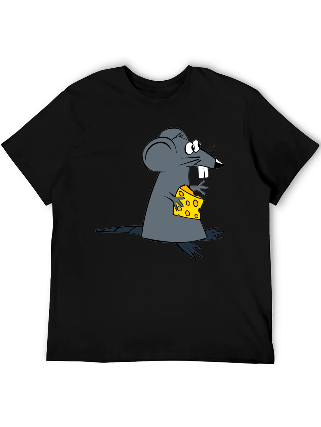Cartoon Mouse & Cheese Graphic Black T-Shirt