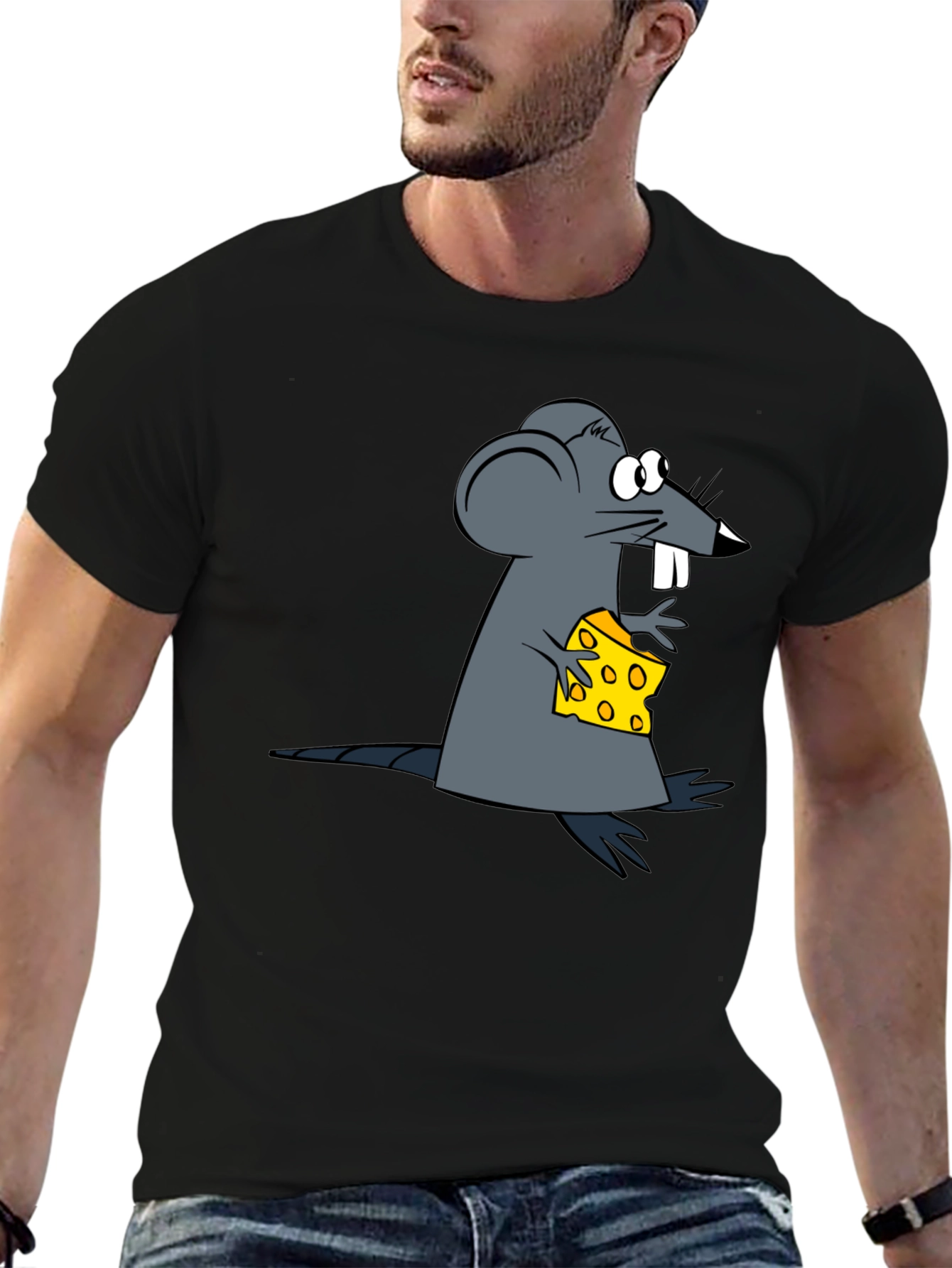 Cartoon Mouse & Cheese Graphic Black T-Shirt