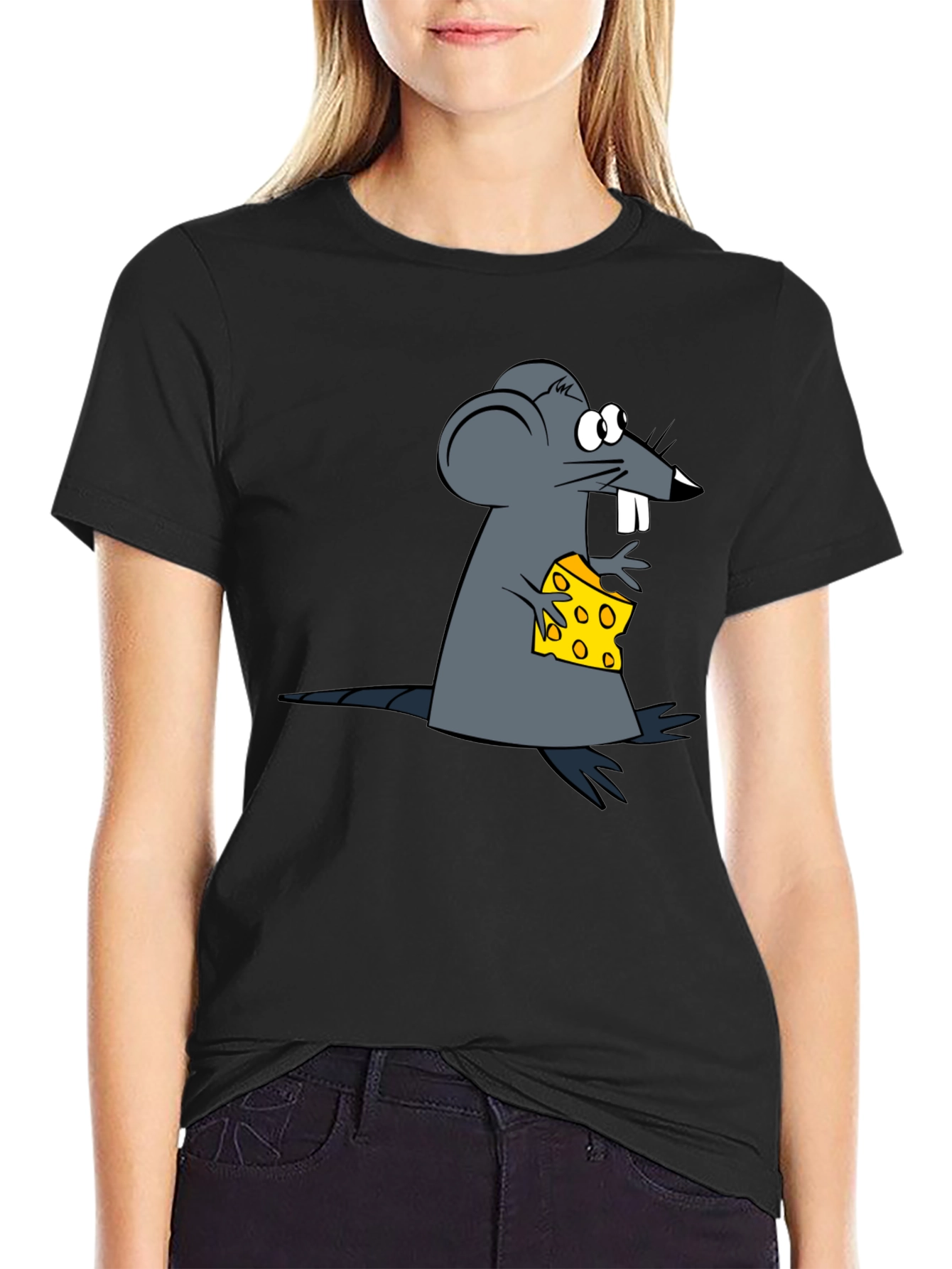 Cartoon Mouse & Cheese Graphic Black T-Shirt