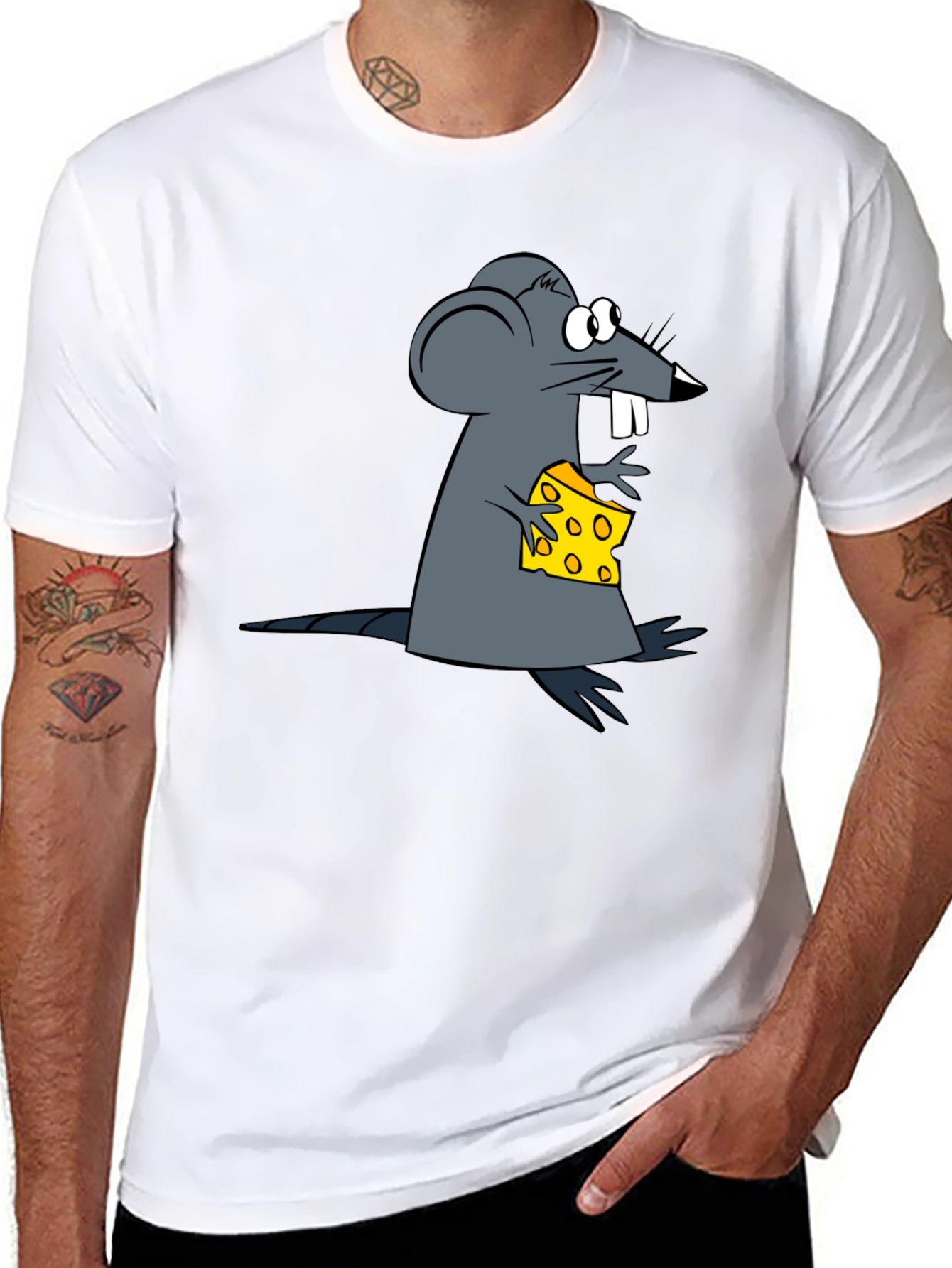 Cartoon Mouse & Cheese Graphic Black T-Shirt