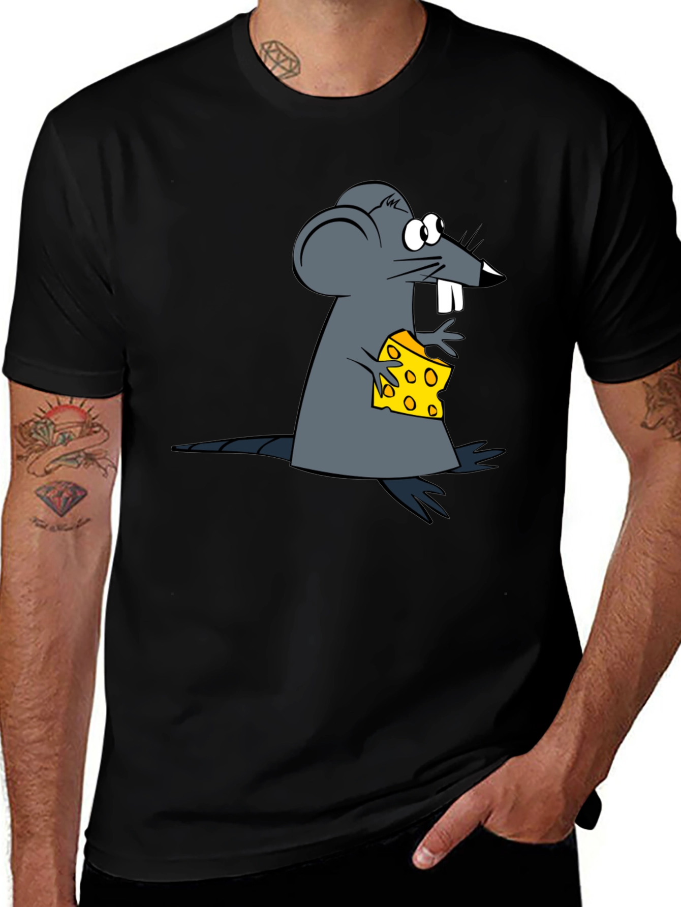 Cartoon Mouse & Cheese Graphic Black T-Shirt