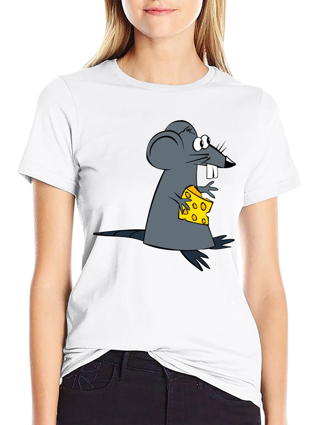 Cartoon Mouse & Cheese Graphic Black T-Shirt