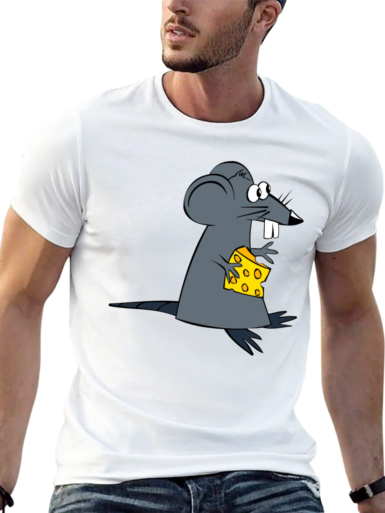 Cartoon Mouse & Cheese Graphic Black T-Shirt