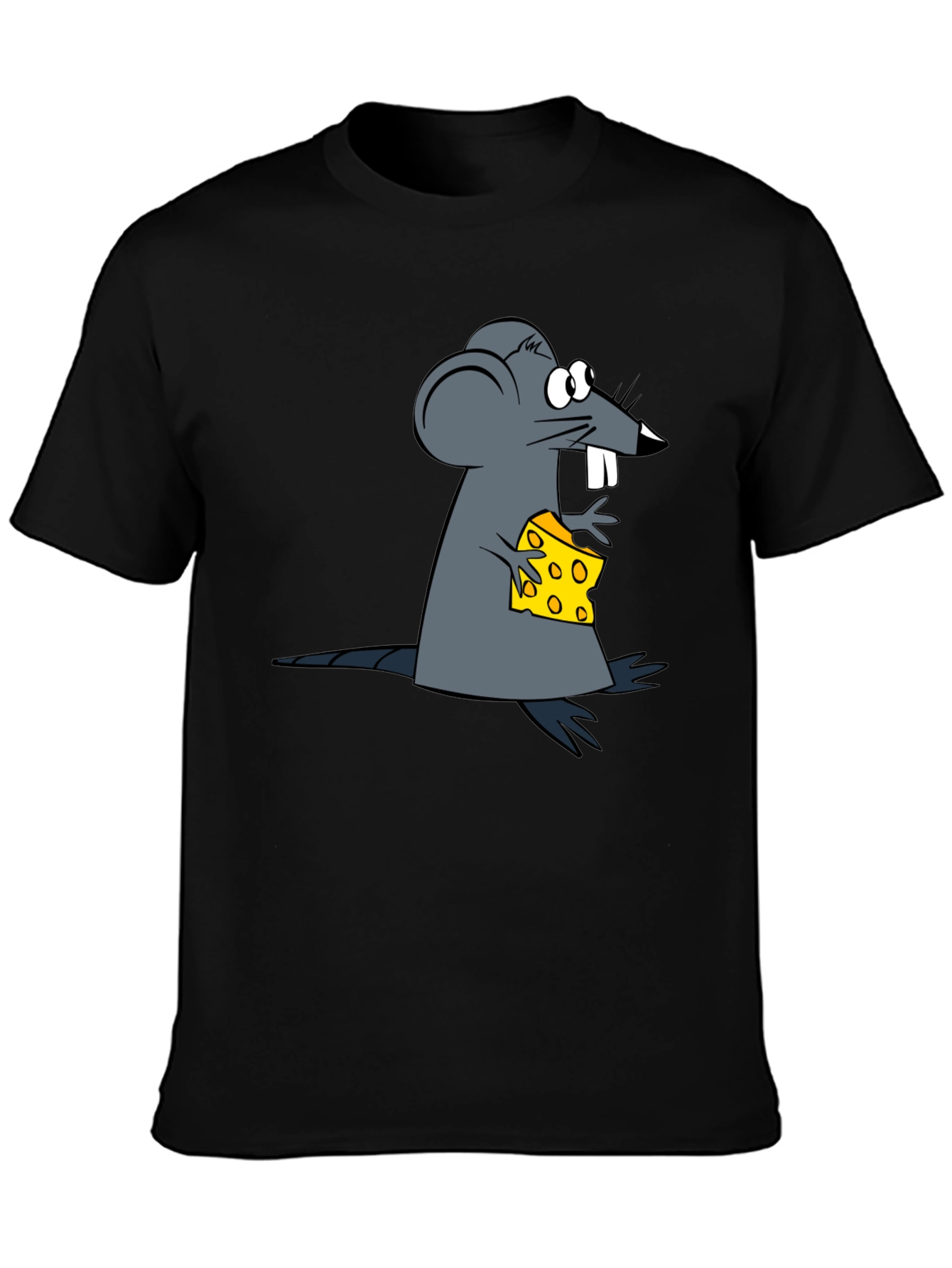 Cartoon Mouse & Cheese Graphic Black T-Shirt