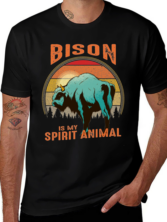 Bison Spirit Animal T-Shirt - Retro Sunset Design