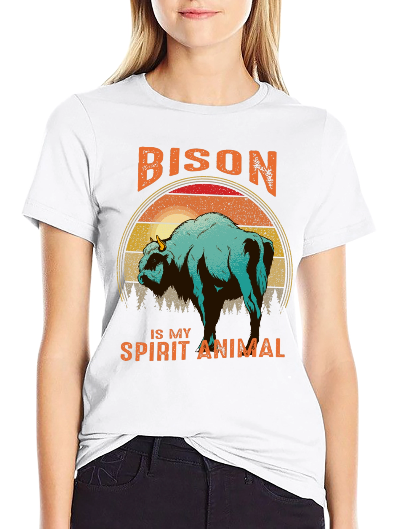 Bison Spirit Animal T-Shirt - Retro Sunset Design