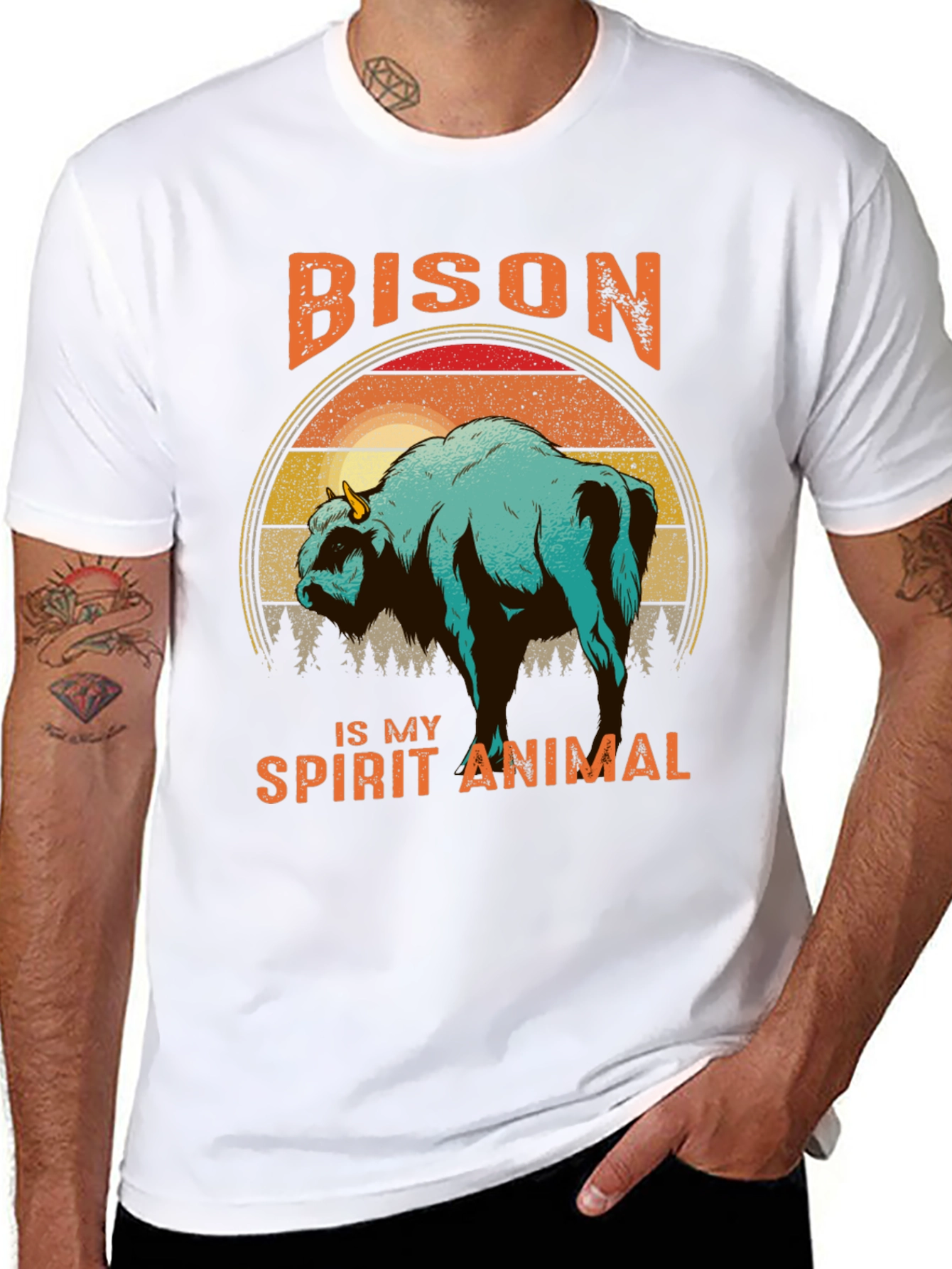 Bison Spirit Animal T-Shirt - Retro Sunset Design