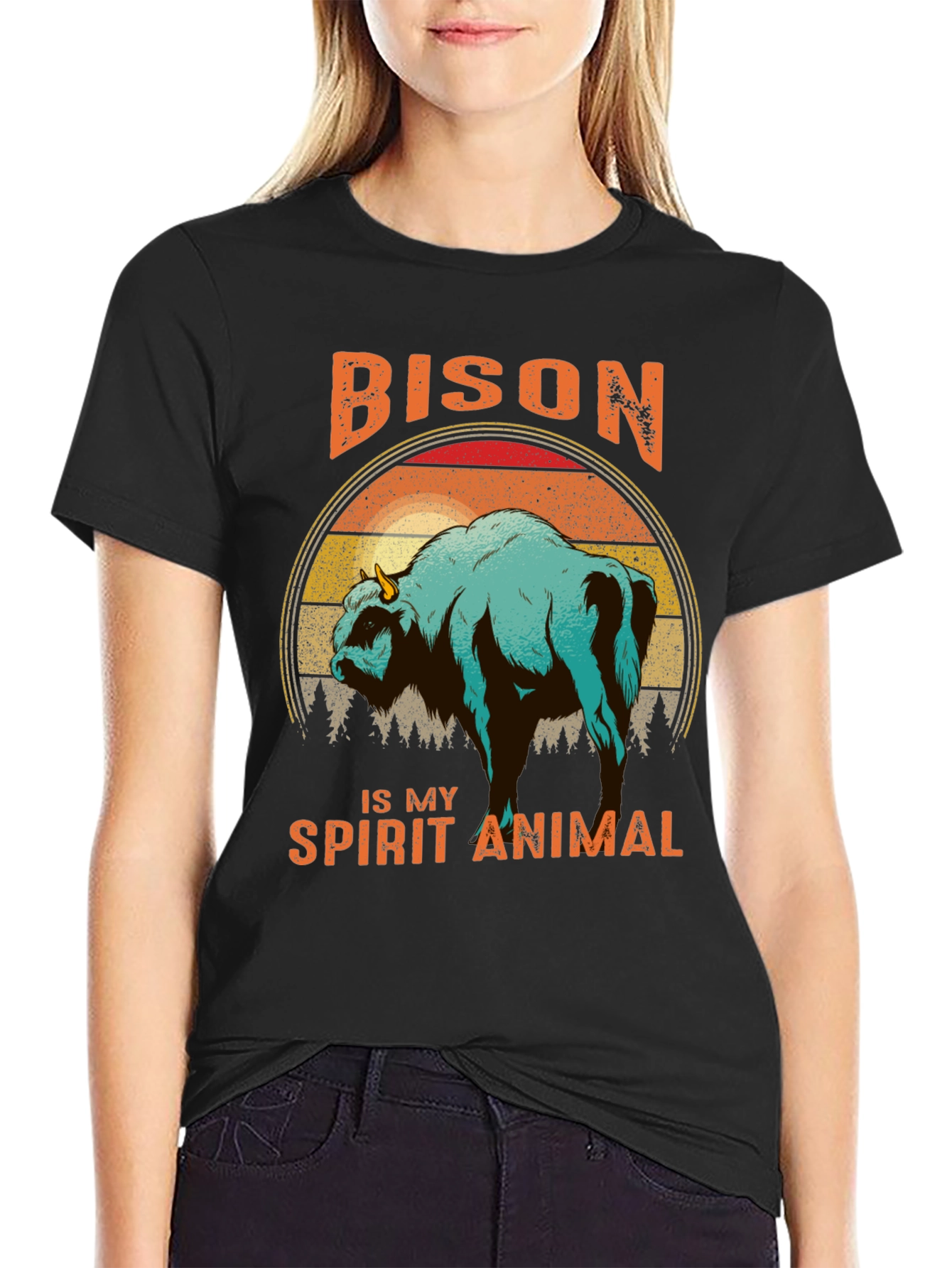Bison Spirit Animal T-Shirt - Retro Sunset Design