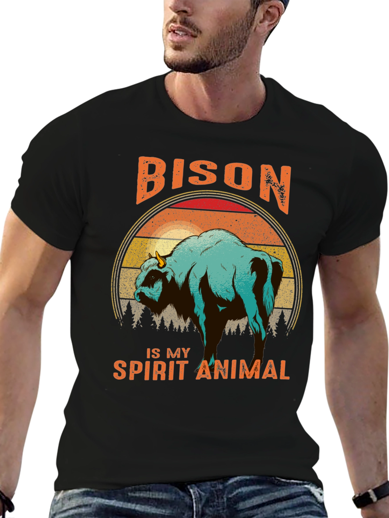 Bison Spirit Animal T-Shirt - Retro Sunset Design