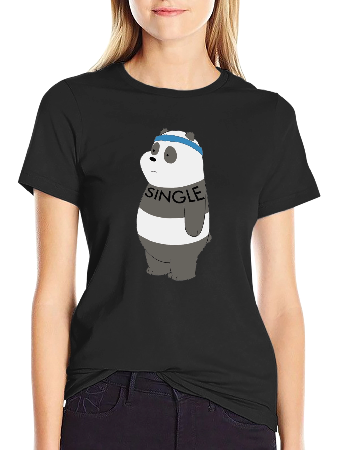 Single Panda Bear Graphic Tee - Black