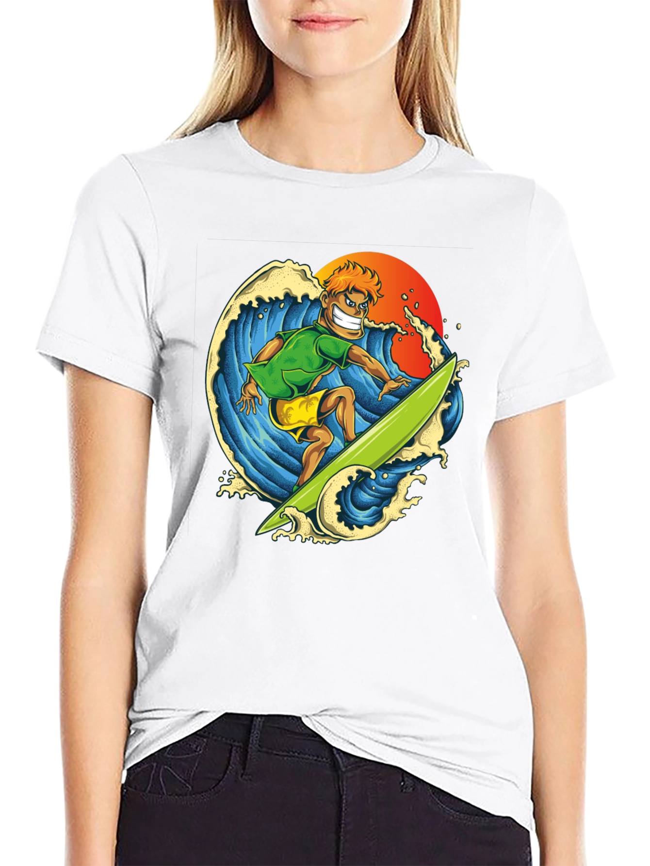 Surfer Dude Graphic Tee - Black Cotton T-Shirt