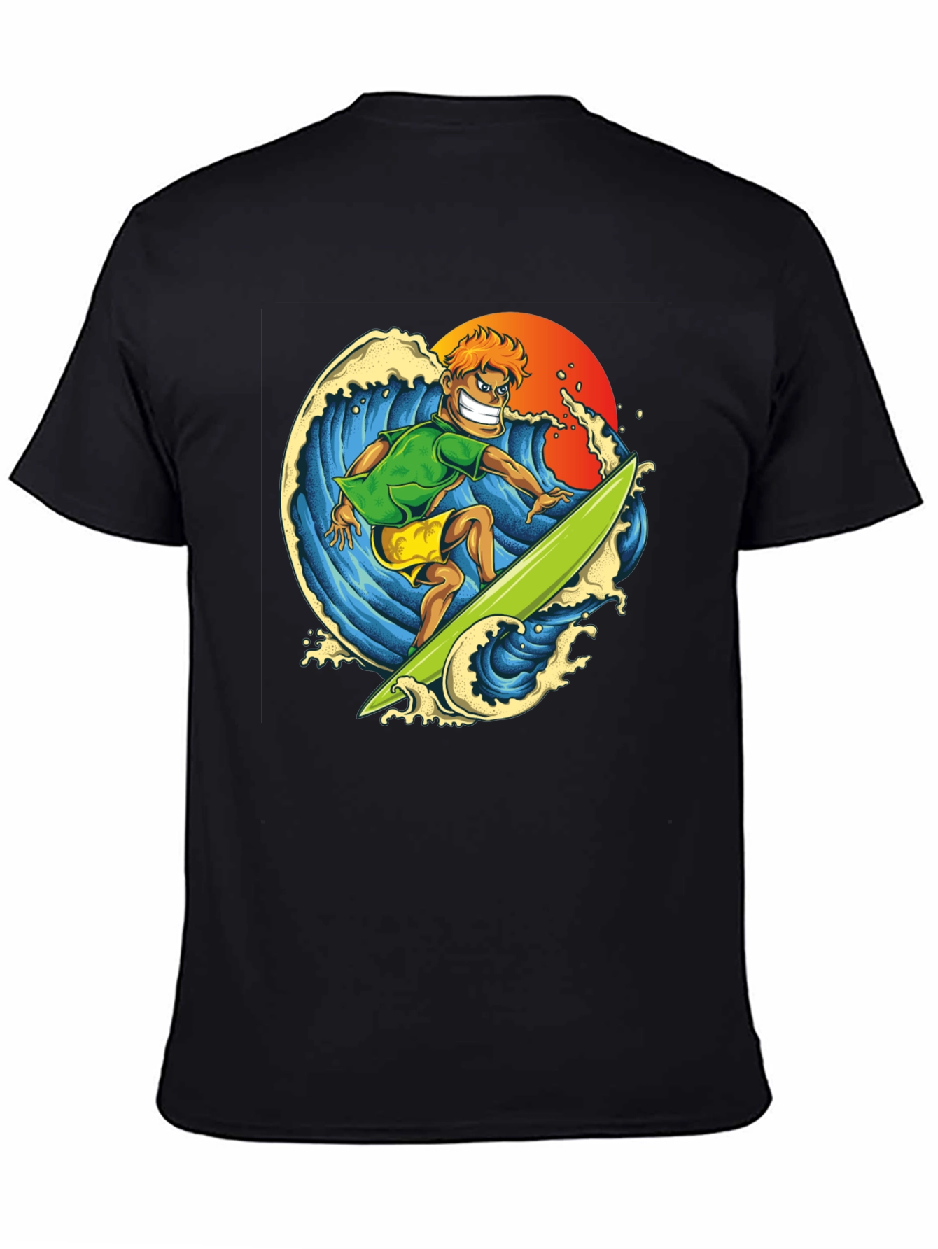 Surfer Dude Graphic Tee - Black Cotton T-Shirt