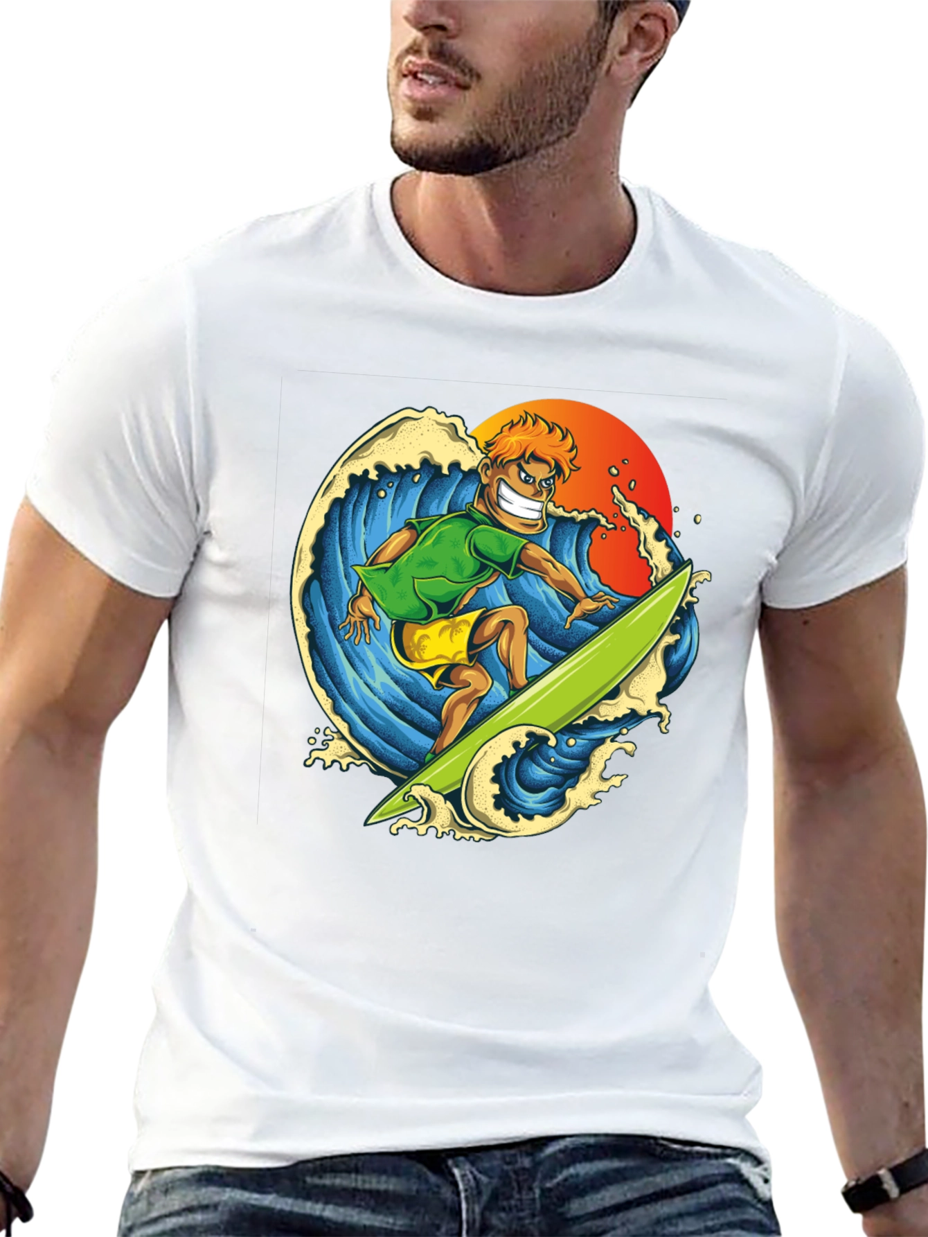 Surfer Dude Graphic Tee - Black Cotton T-Shirt