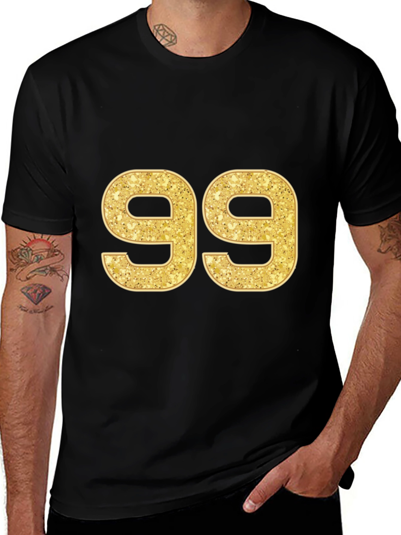 Gold Glitter Number 99 Black T-Shirt