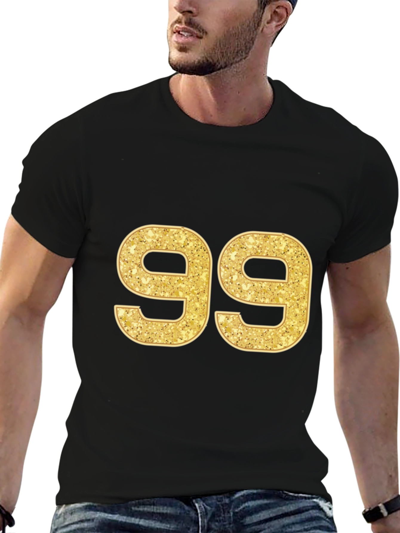 Gold Glitter Number 99 Black T-Shirt