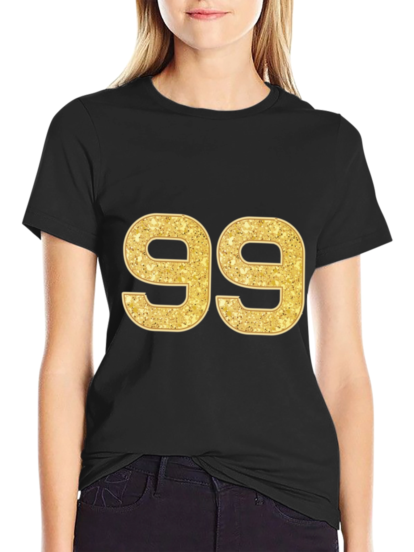 Gold Glitter Number 99 Black T-Shirt