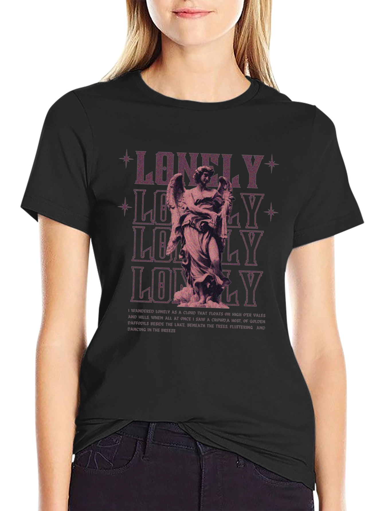 Lonely Angel Graphic Print Black T-Shirt