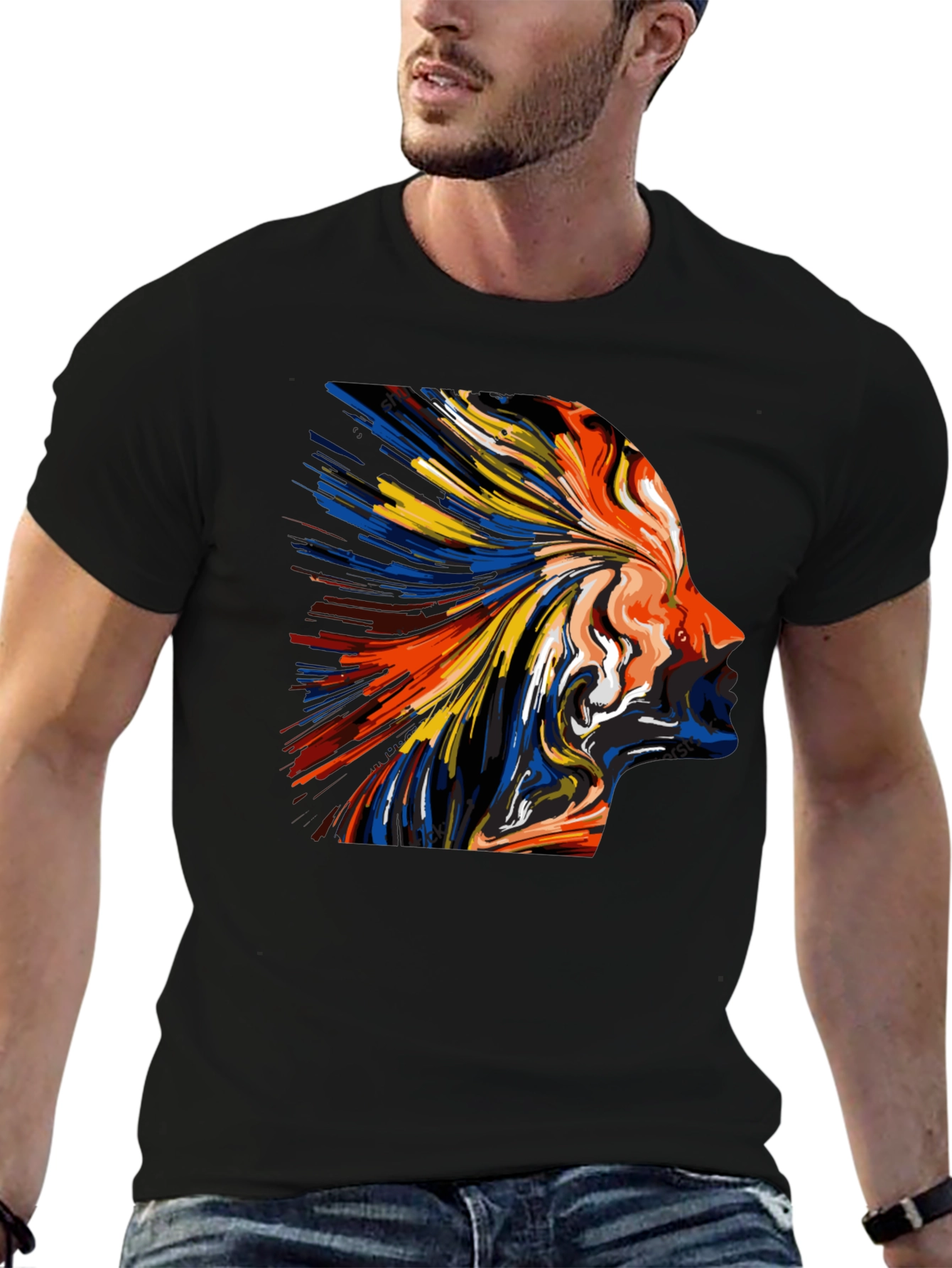 Abstract Face Art Print Tee - Black