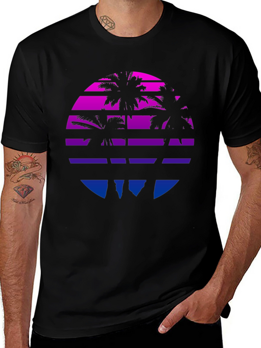 Retro Sunset Palm Tree Graphic Tee - Black