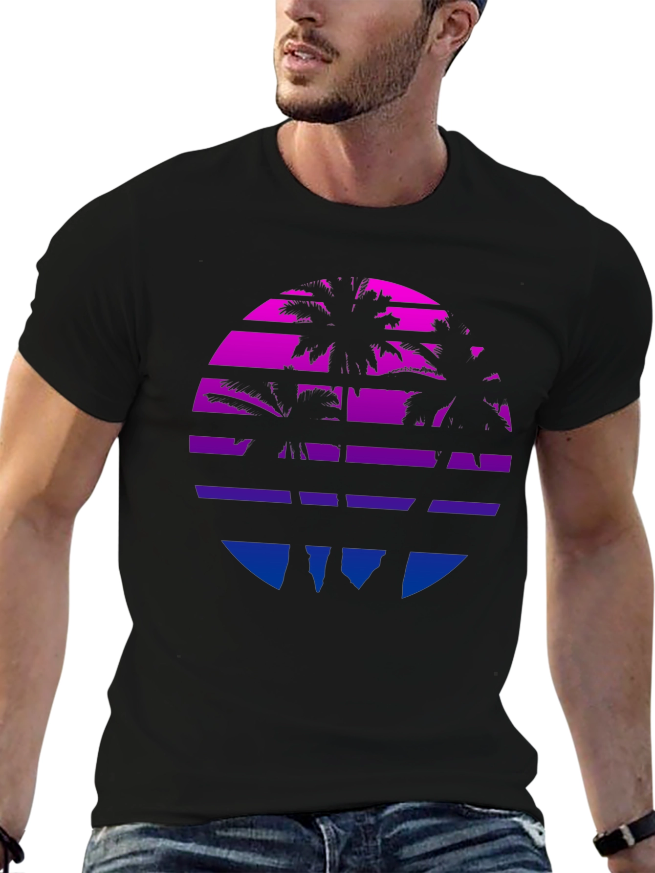 Retro Sunset Palm Tree Graphic Tee - Black