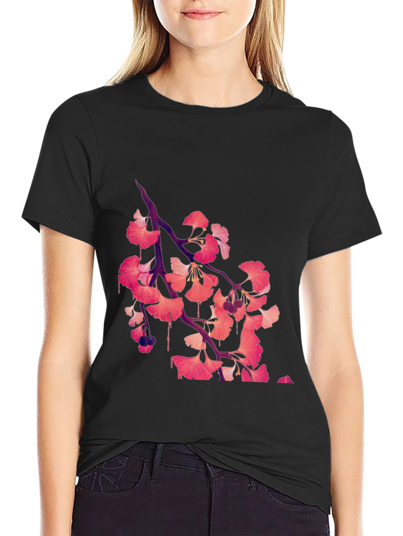 Ginkgo Print Black T-Shirt