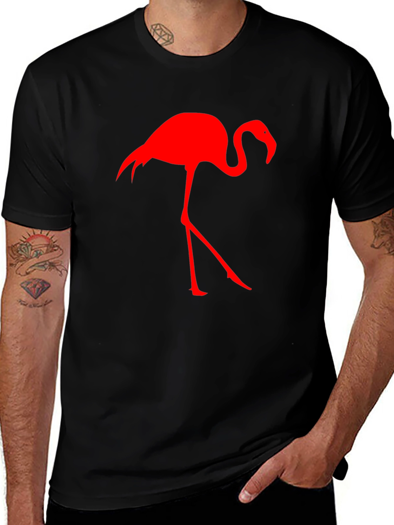 Red Flamingo Graphic Tee - Black Cotton Blend Shirt