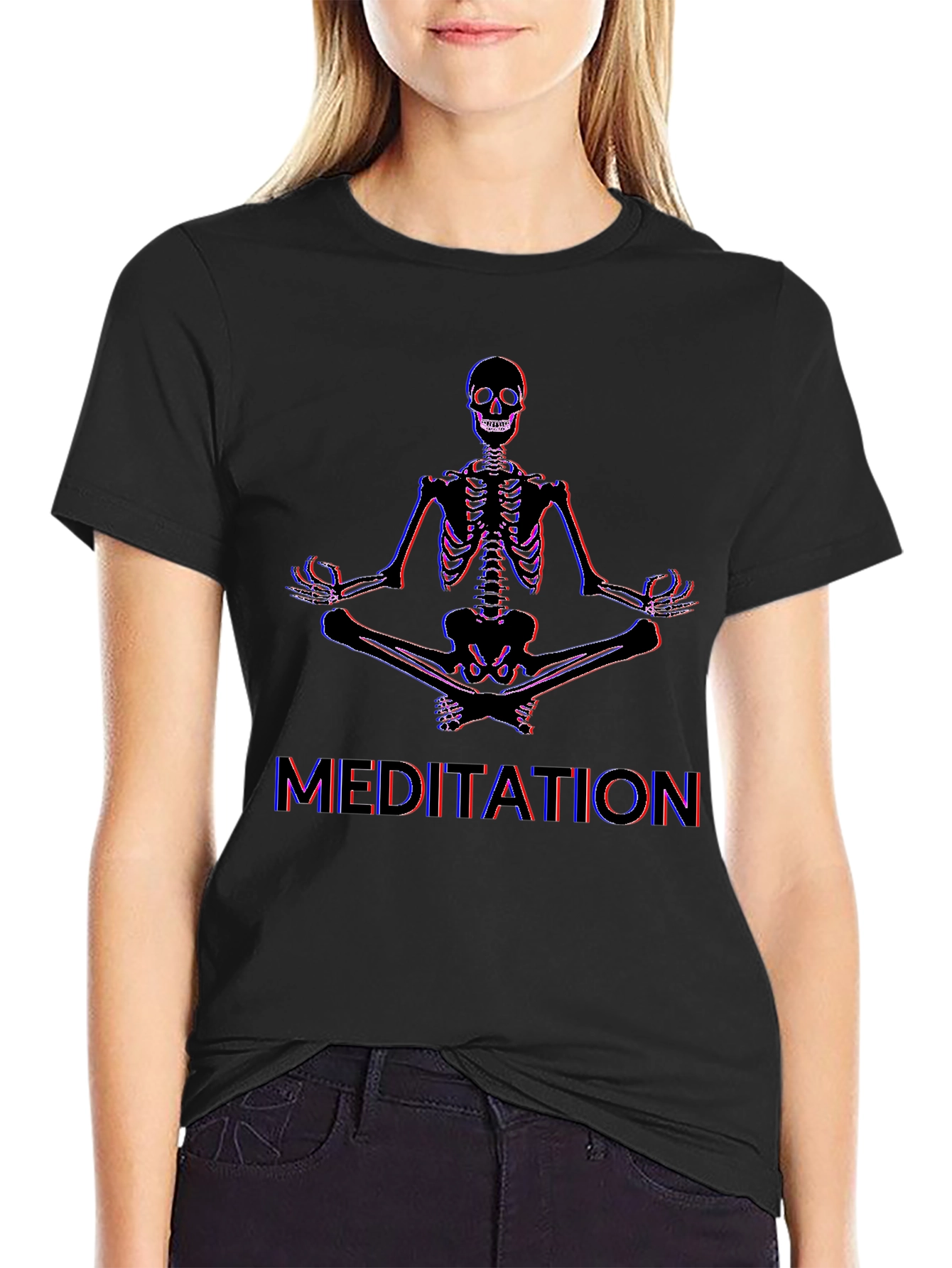 Meditating Skeleton Graphic Tee - Black Cotton Blend