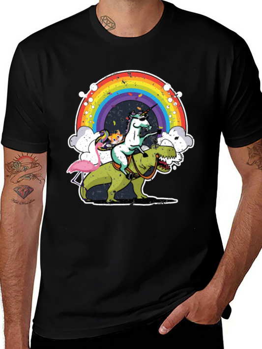 Unicorn Riding Dino T-Shirt Rainbow Funny Novelty Tee