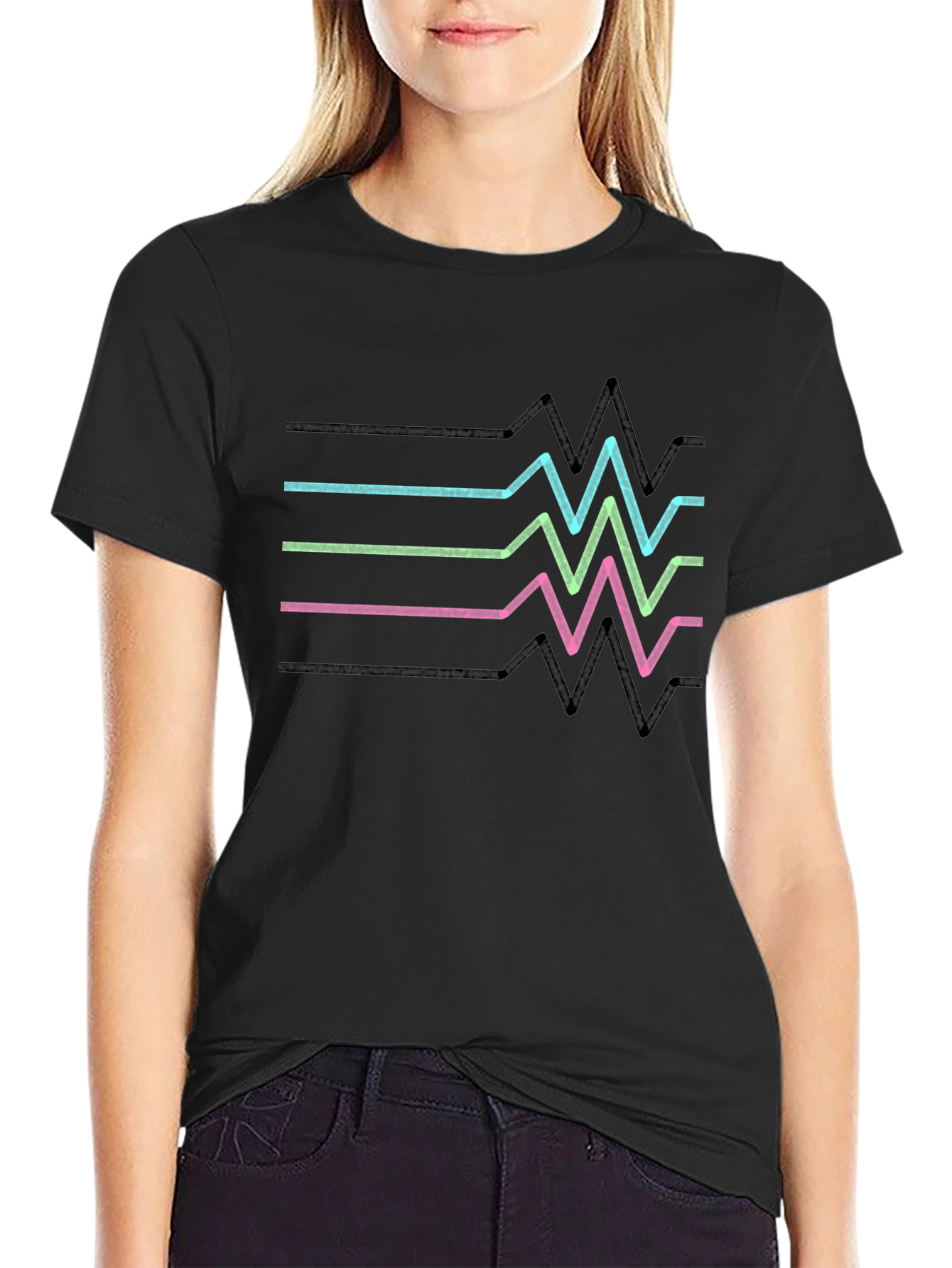Retro Heartbeat Line T-Shirt - Black