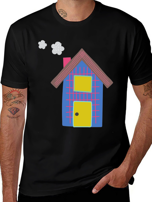 Fun Cartoon House Graphic Black T-Shirt
