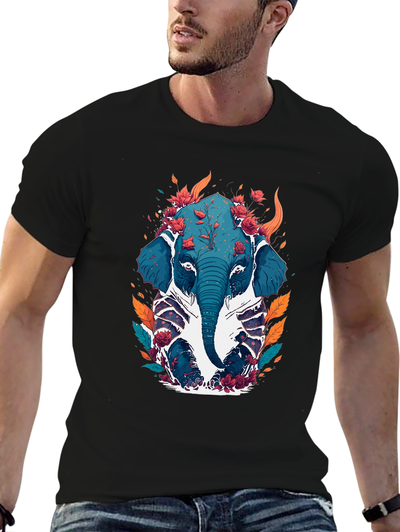 Floral Elephant Graphic Tee - Black Cotton Blend