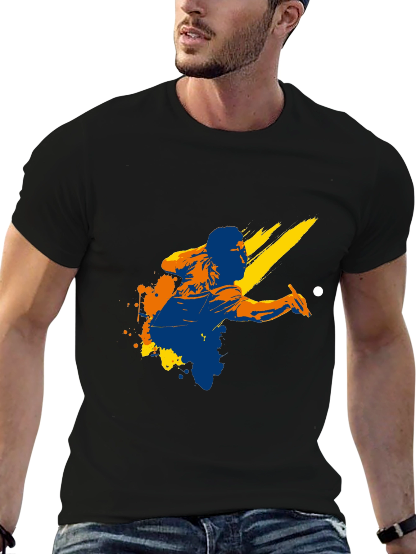 Graphic Print Black T-Shirt - Billiards Player Design