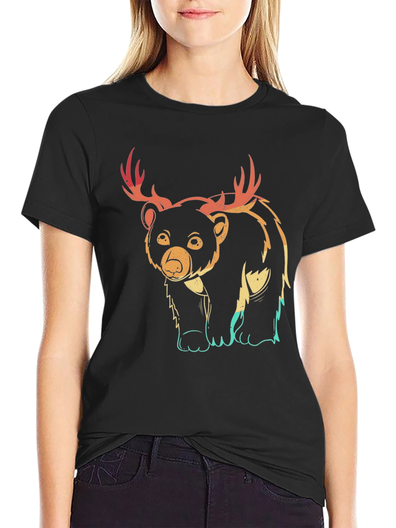 Bear with Antlers Graphic Tee - Black