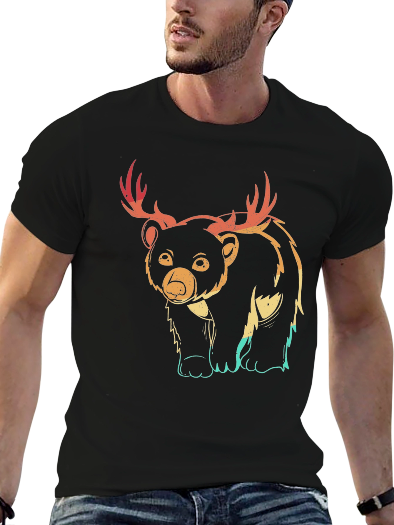 Bear with Antlers Graphic Tee - Black