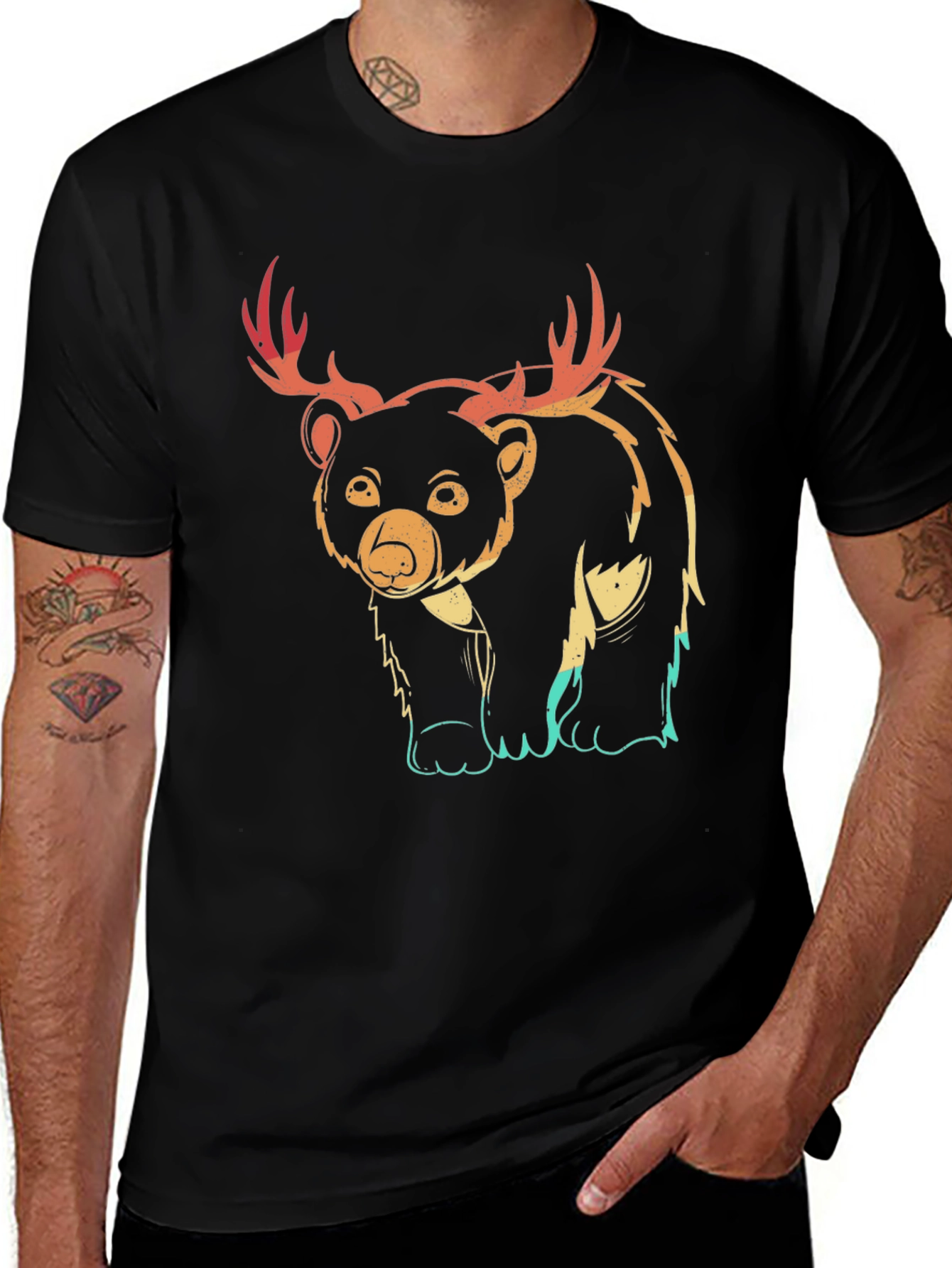 Bear with Antlers Graphic Tee - Black