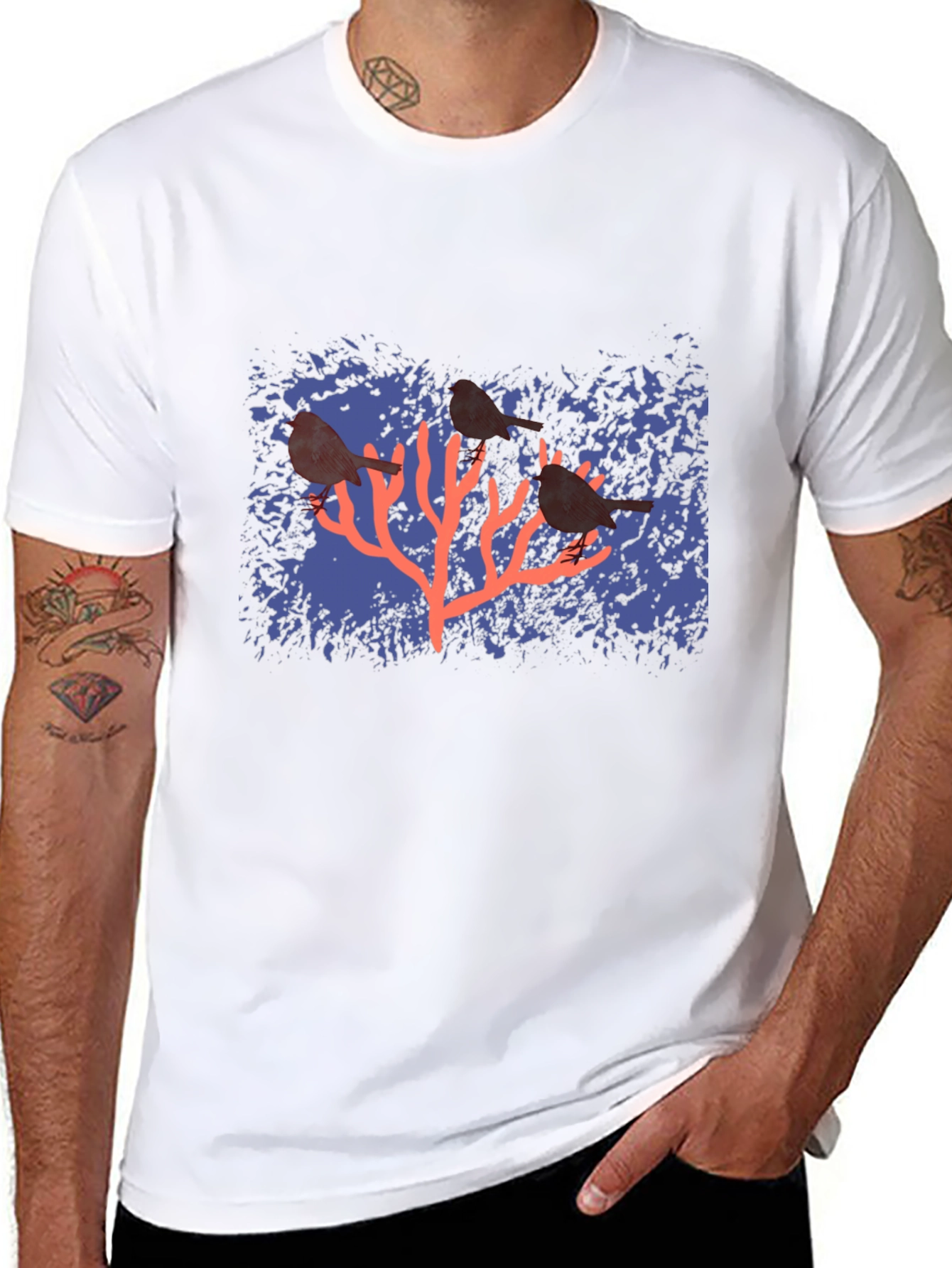 Birds on Coral Graphic T-Shirt