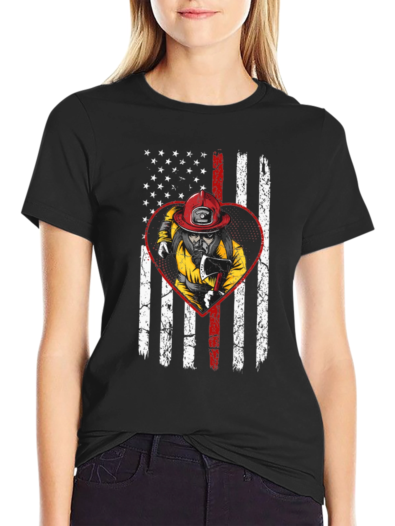 Firefighter US Flag Heart T-Shirt