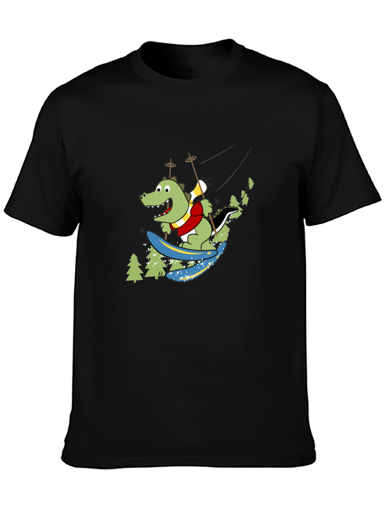 Skiing Crocodile Graphic Tee - Fun Black T-Shirt