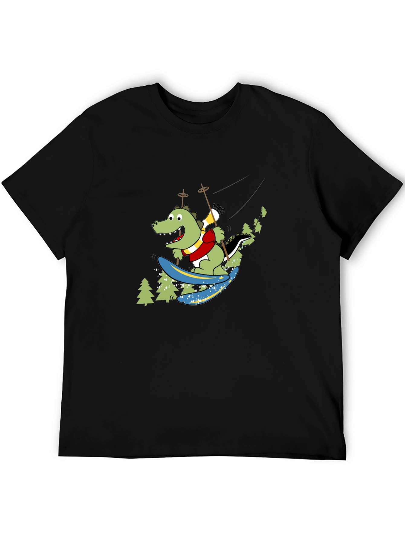 Skiing Crocodile Graphic Tee - Fun Black T-Shirt