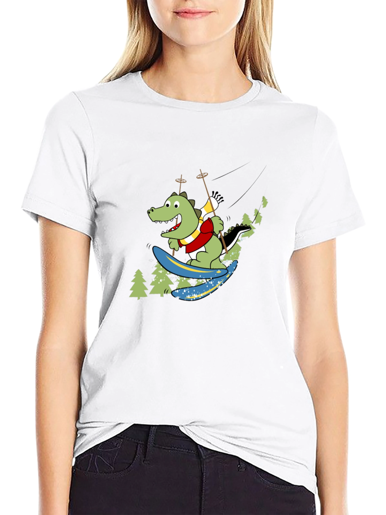 Skiing Crocodile Graphic Tee - Fun Black T-Shirt