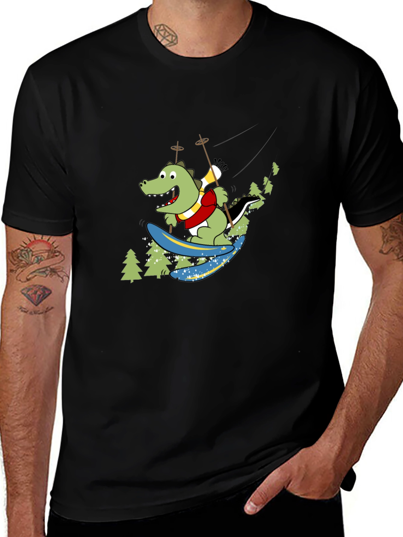 Skiing Crocodile Graphic Tee - Fun Black T-Shirt