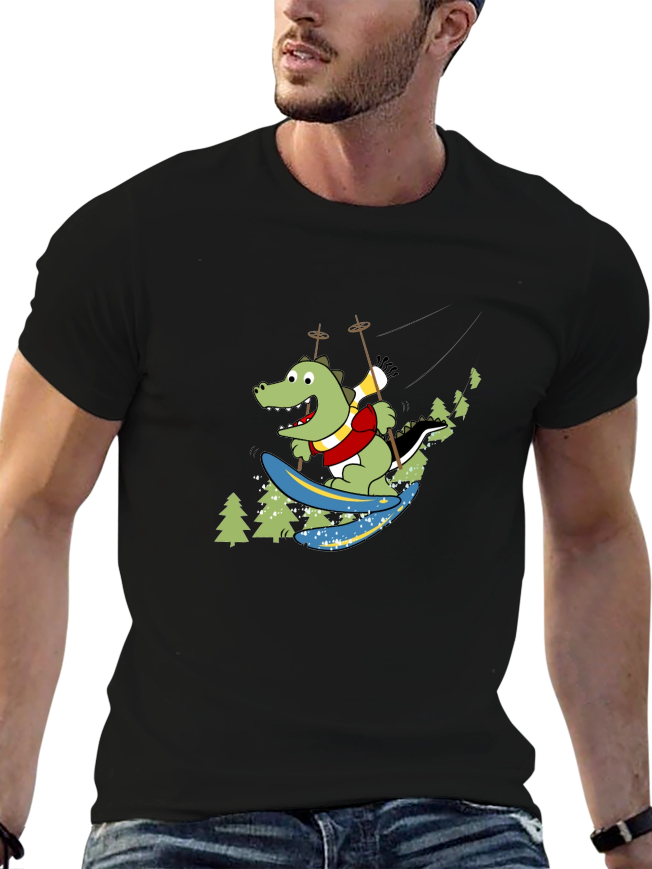 Skiing Crocodile Graphic Tee - Fun Black T-Shirt