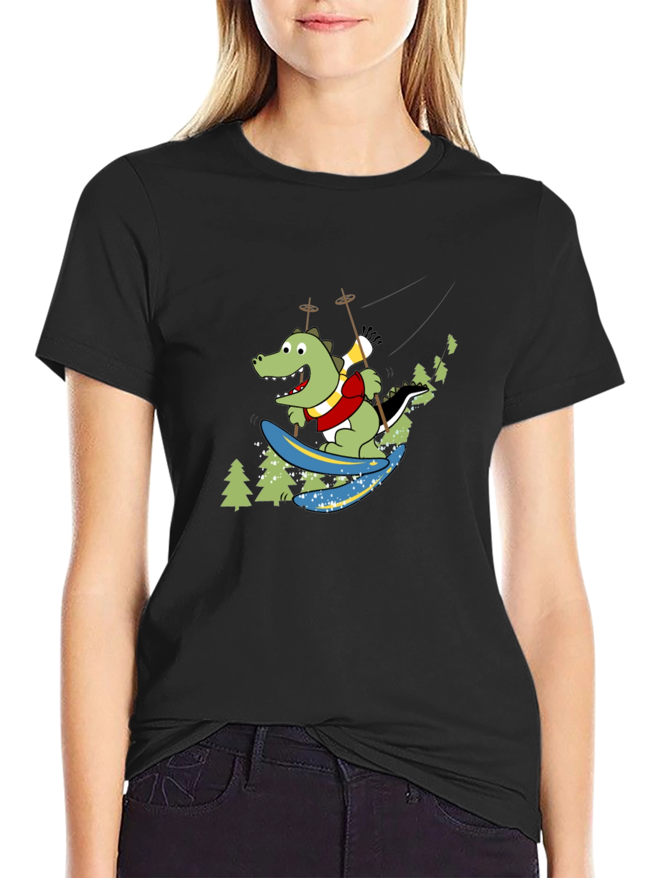 Skiing Crocodile Graphic Tee - Fun Black T-Shirt