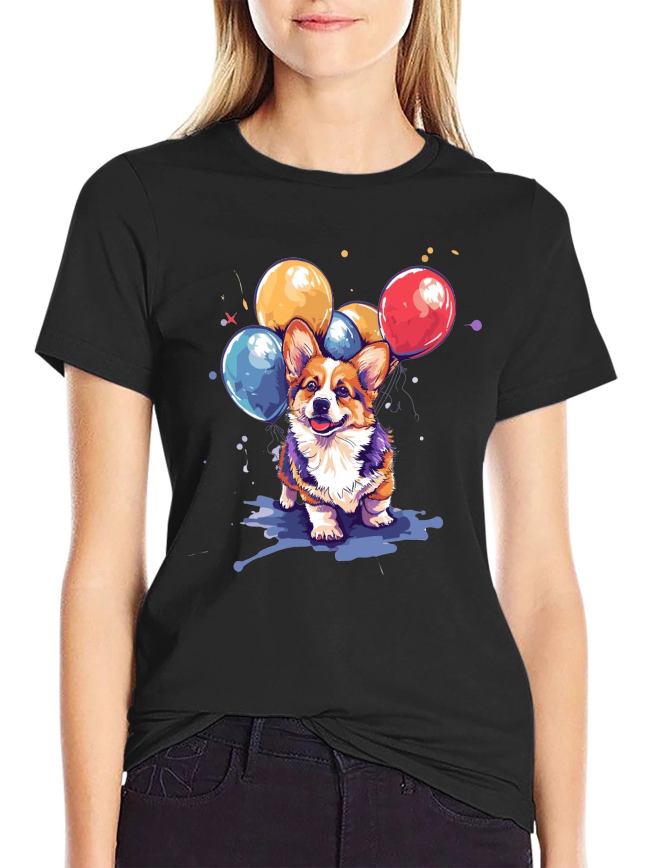Corgi Dog with Balloons Graphic T-Shirt