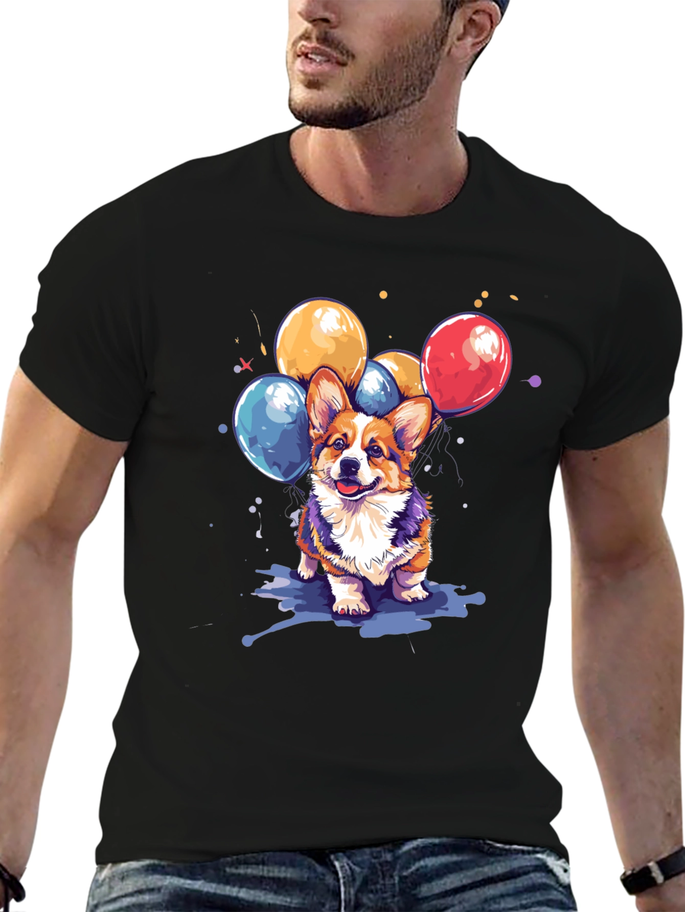 Corgi Dog with Balloons Graphic T-Shirt